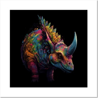 Colorful Horned Dino Busting Through Posters and Art